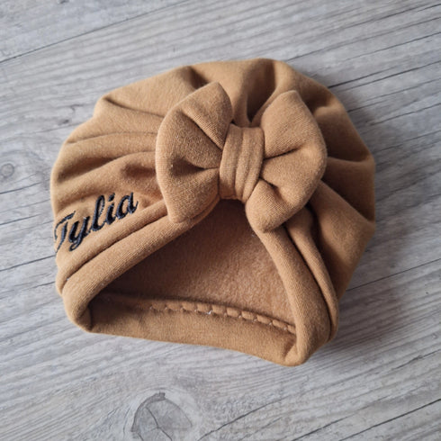 Turban bonnet nœud, buns ou simple personnalisable Prénom brodé tissu sweat fourré et chaud 15 couleurs